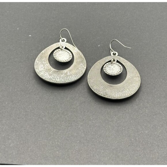 Silver Toned Hammered Hoop Oval Earrings With Turquoise Toned Stone Dangle - Picture 3 of 4